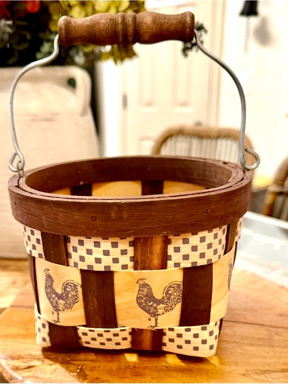 Vintage Hand woven Brown and Cream Rooster Woven Accent Basket